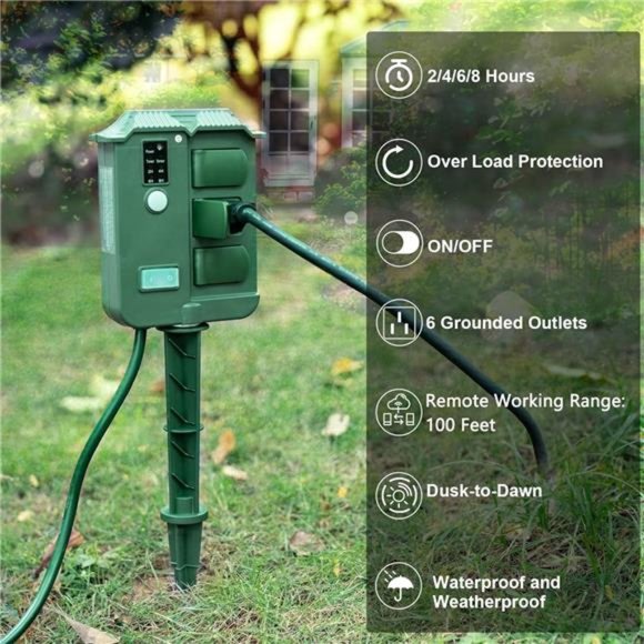 Outdoor Light Timer Waterproof, Dusk to Dawn Power Stake Timer, 6 Outlets - Picture 2 of 7